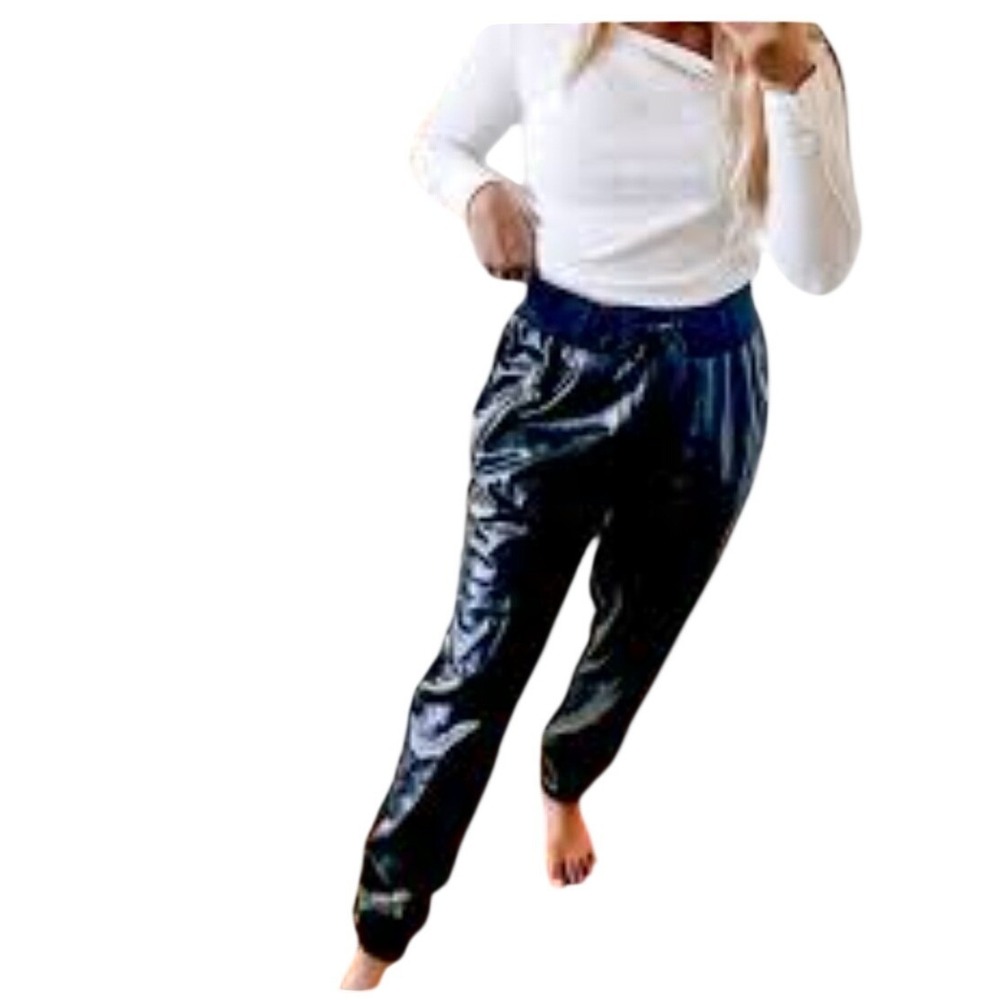 Akademiks Faux Leather Joggers Black Drawstring Waist Pants Women 2XL Biker Rock